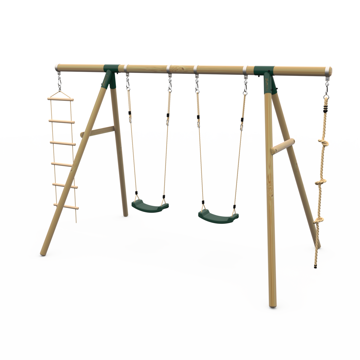 Plum® Gibbon Wooden Swing Set – Two Single Swing seat, Climbing Rope & Ladder for Kids