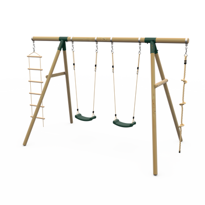 Plum® Gibbon Wooden Swing Set – Two Single Swing seat, Climbing Rope & Ladder for Kids