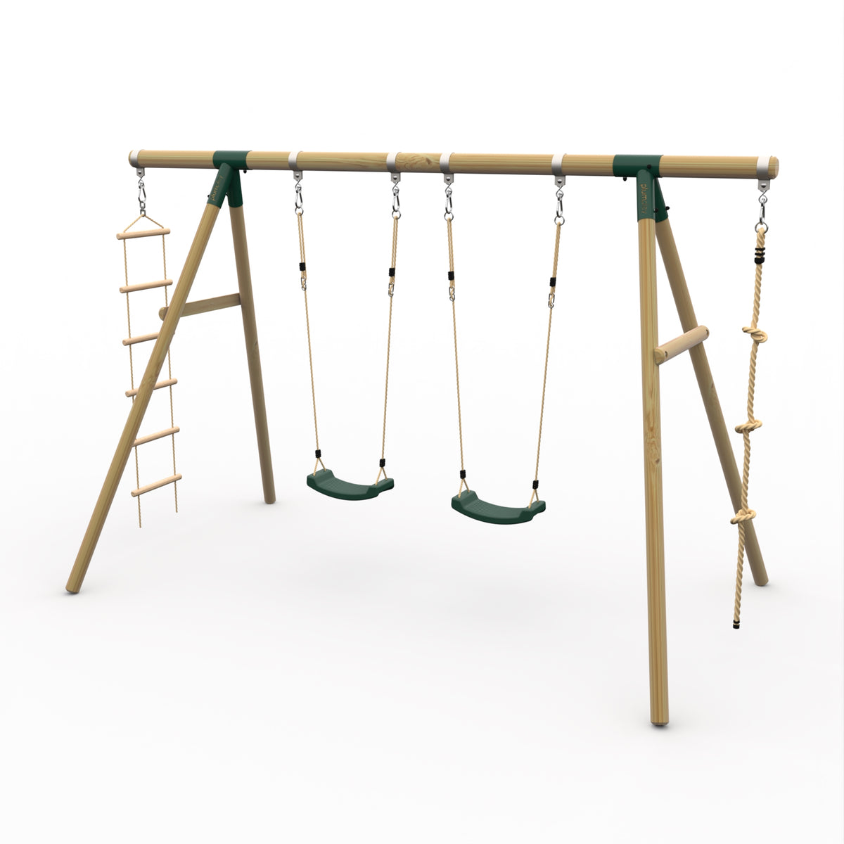 Plum® Gibbon Wooden Swing Set – Two Single Swing seat, Climbing Rope & Ladder for Kids