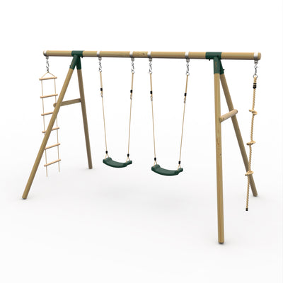 Plum® Gibbon Wooden Swing Set – Two Single Swing seat, Climbing Rope & Ladder for Kids