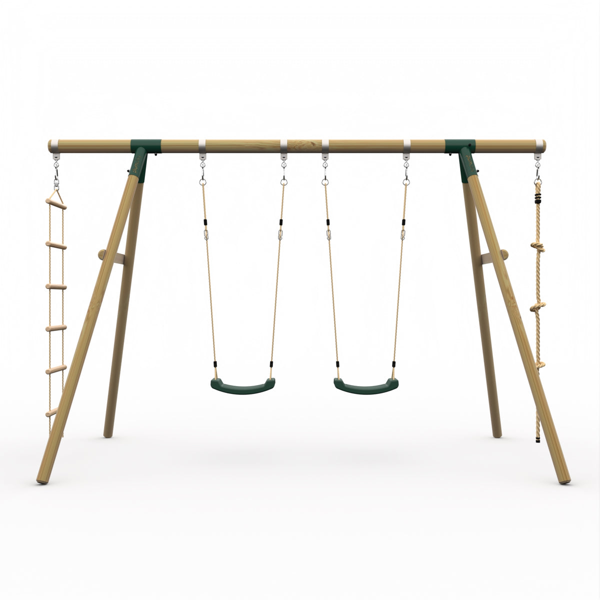 Plum® Gibbon Wooden Swing Set – Two Single Swing seat, Climbing Rope & Ladder for Kids