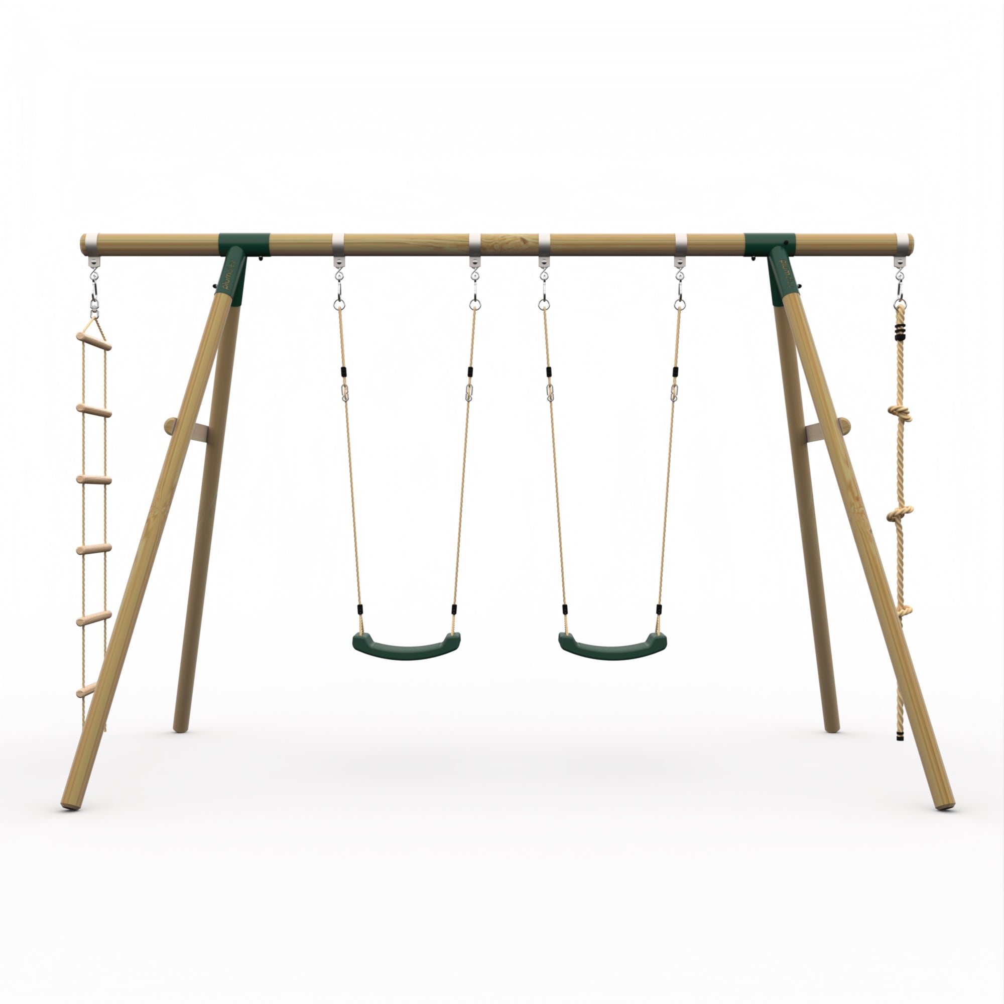 Plum® Gibbon Wooden Swing Set – Two Single Swing seat, Climbing Rope & Ladder for Kids