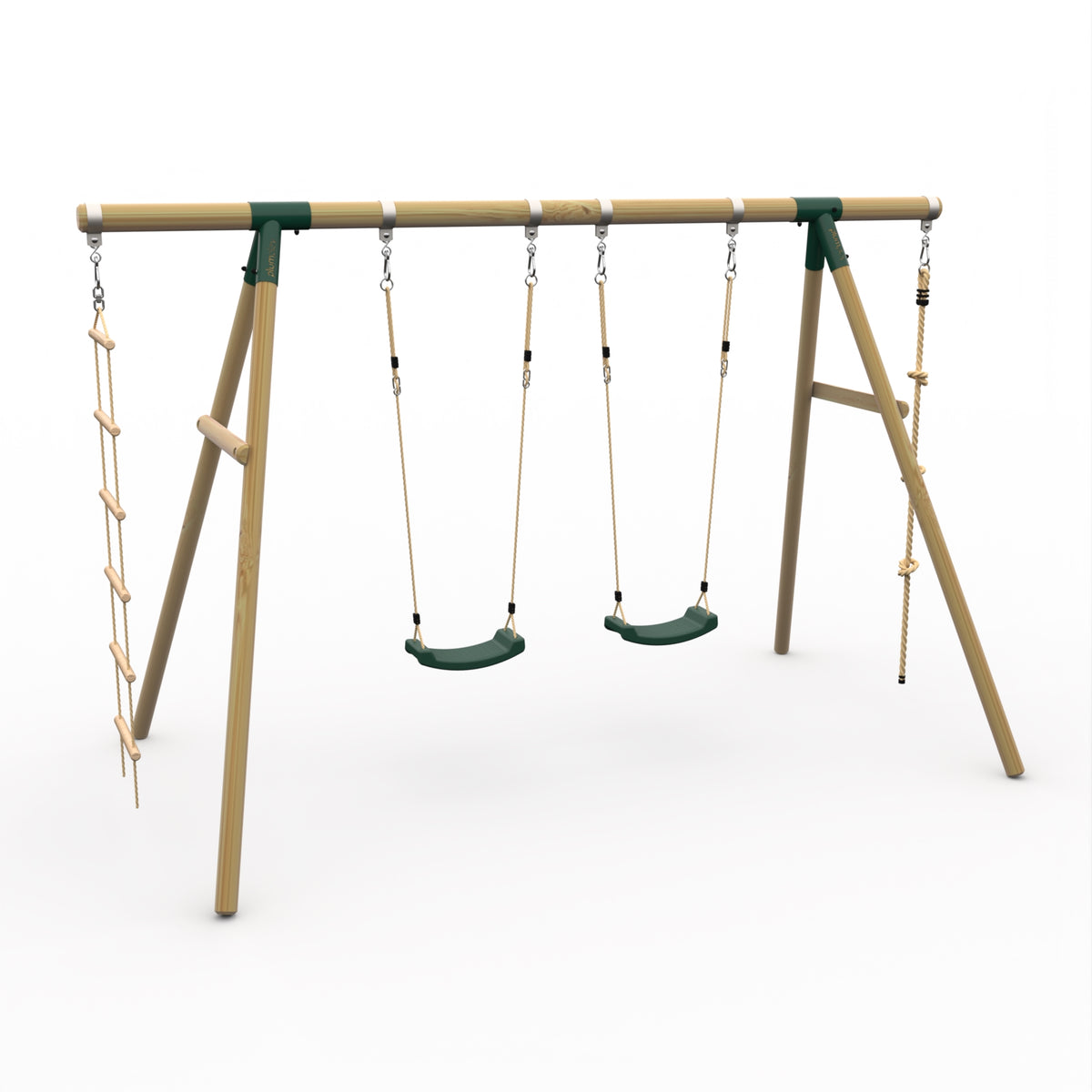 Plum® Gibbon Wooden Swing Set – Two Single Swing seat, Climbing Rope & Ladder for Kids