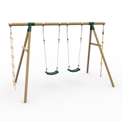 Plum® Gibbon Wooden Swing Set – Two Single Swing seat, Climbing Rope & Ladder for Kids