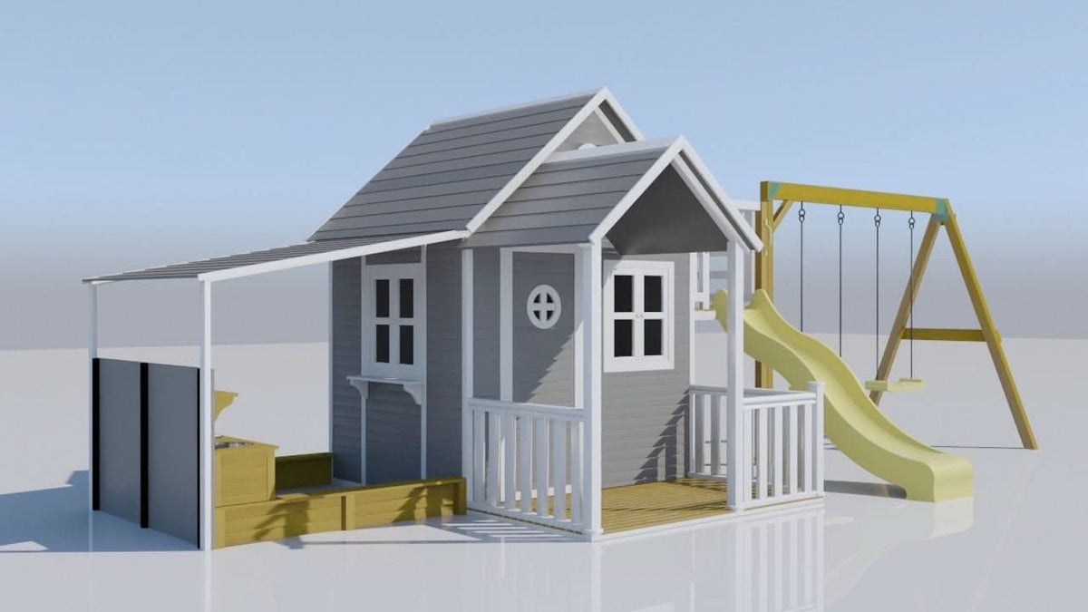 Jolly Shack Cubby with Mud Kitchen and Swing Set by Kidzshack