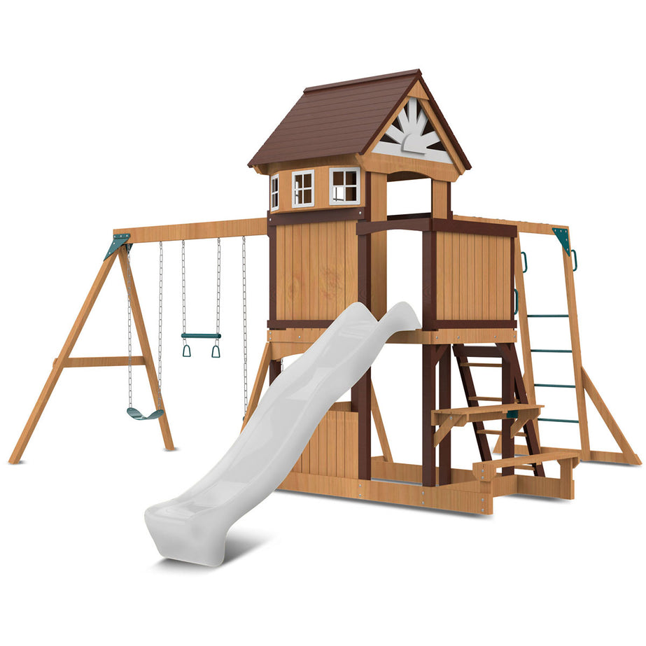 Lifespan Kids Meer Brook Swing Set, Monkey Bars & Play Centre with 2.2m Slide (White)