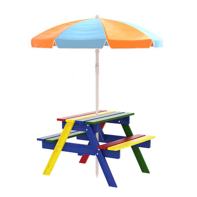 Kids Outdoor Picnic Table with Umbrella - Colourful Wooden by Keezi