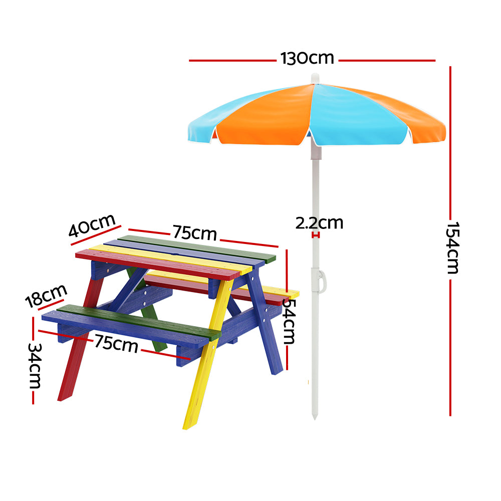 Kids Outdoor Picnic Table with Umbrella - Colourful Wooden by Keezi