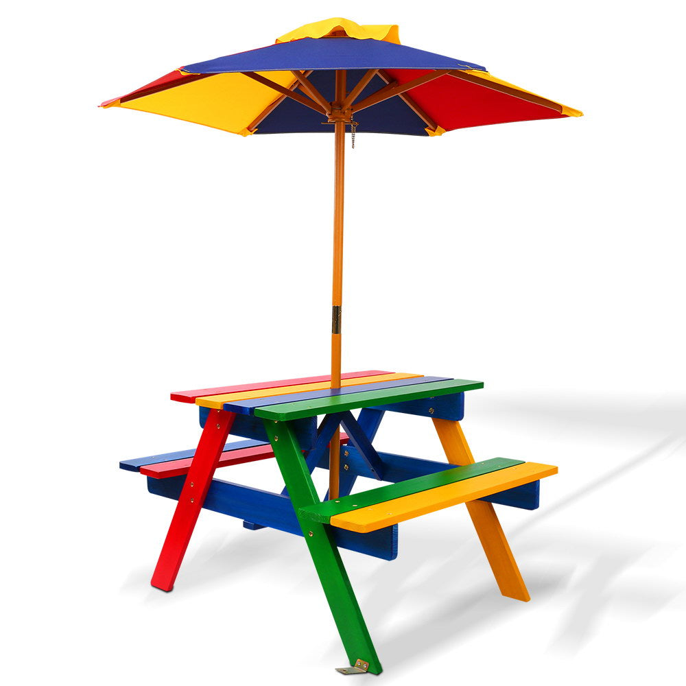 Kids Wooden Picnic Table Set Colourful with Umbrella by Keezi