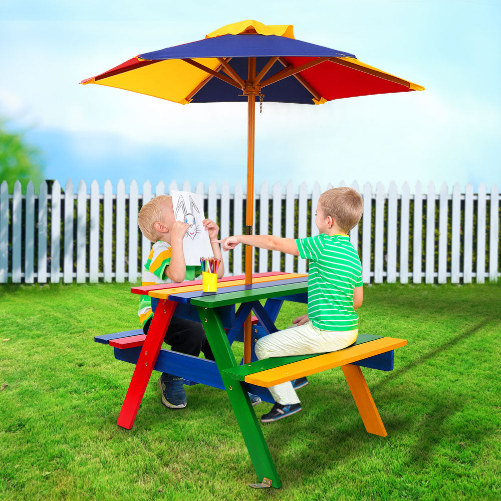 Kids Wooden Picnic Table Set Colourful with Umbrella by Keezi