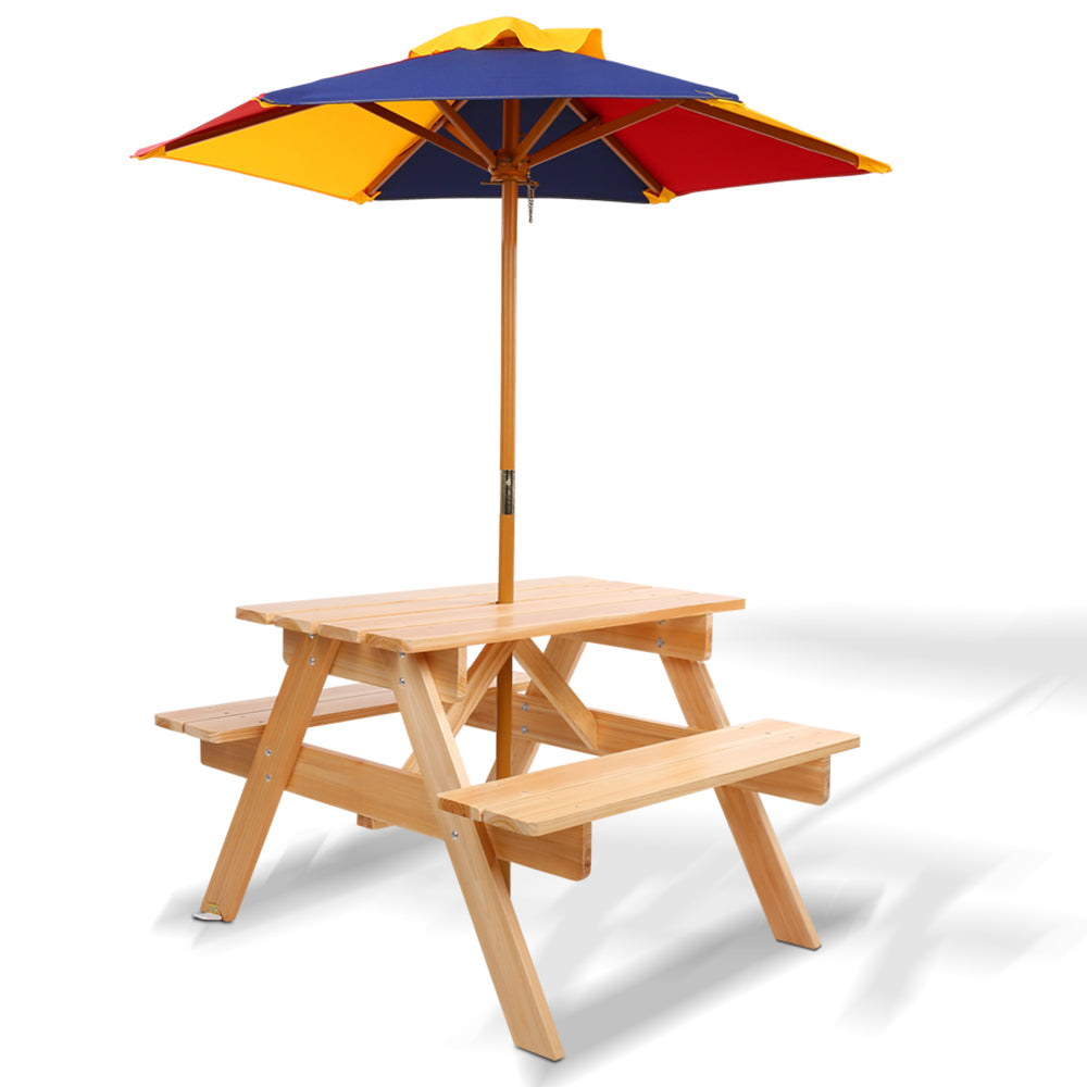 Kids Wooden Picnic Table Set Natural with Umbrella by Keezi