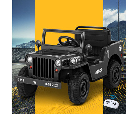 Rigo Kids Electric Ride On Car Jeep Military Off Road Toy Cars Remote 12V Black with Free Customized Plates
