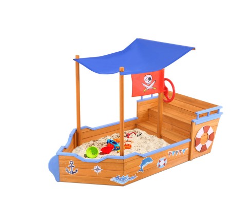 Keezi Kids Sandpit Wooden Boat Sand Pit with Canopy Bench Seat Beach Toys 165cm