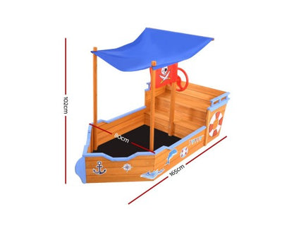 Keezi Kids Sandpit Wooden Boat Sand Pit with Canopy Bench Seat Beach Toys 165cm