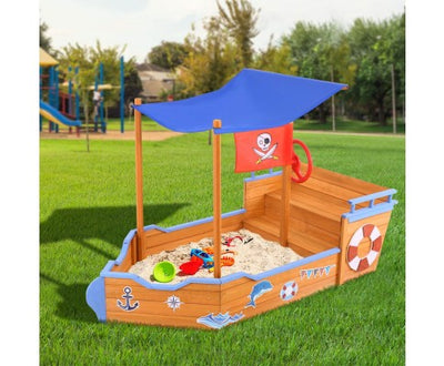 Keezi Kids Sandpit Wooden Boat Sand Pit with Canopy Bench Seat Beach Toys 165cm