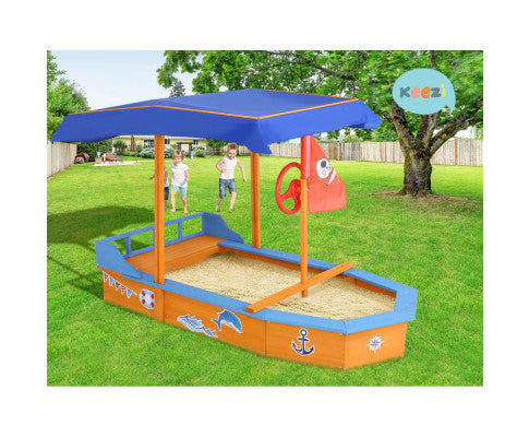 Keezi Kids Sandpit Wooden Boat Sand Pit with Canopy Bench Seat Beach Toys 150cm
