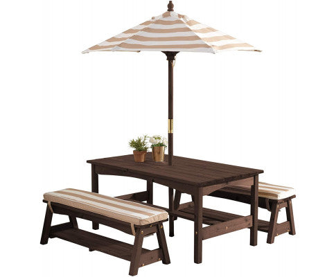 Outdoor Table & Bench Set with Cushions & Umbrella (Brown)