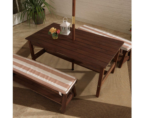 Outdoor Table & Bench Set with Cushions & Umbrella (Brown)