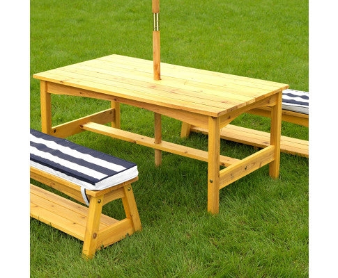 Outdoor Table & Bench Set with Cushions & Umbrella (Navy)