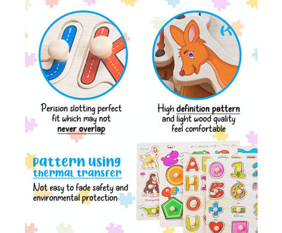 Wooden Alphabet ABC, Numbers and Farm Animals Learning Puzzles