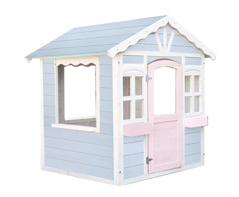 Rovo Kids Cottage Style Wooden Outdoor Cubby House - Blue/Pink