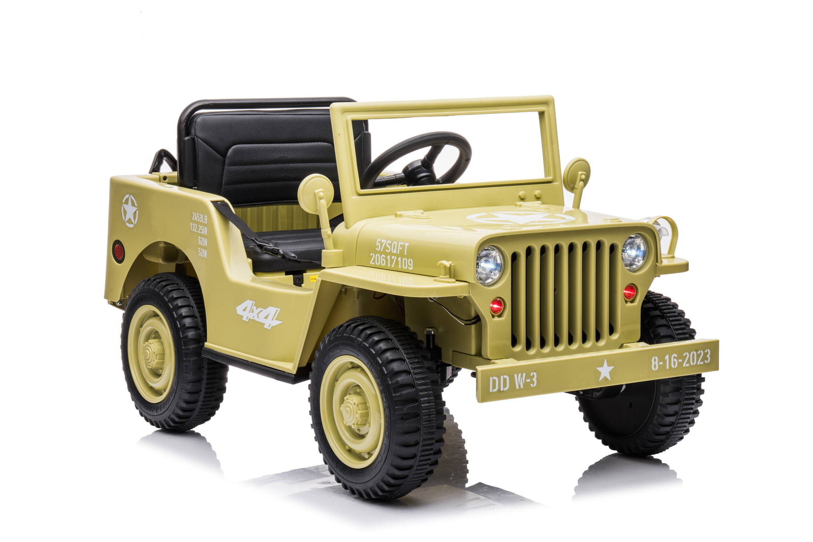 12V Military Jeep Electric Ride On Car For Kids - Green with Free Customized Plate