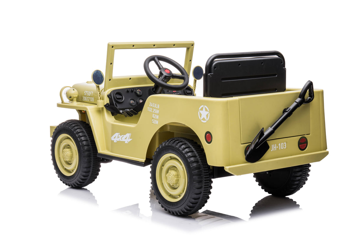 12V Military Jeep Electric Ride On Car For Kids - Green with Free Customized Plate
