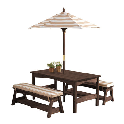 Outdoor Table & Bench Set with Cushions & Umbrella - Oatmeal & White Stripes by KidKraft