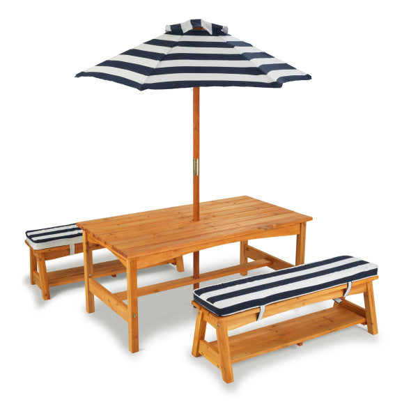 Outdoor Table & Bench Set with Cushions & Umbrella - Navy & White Stripes by Kidkraft