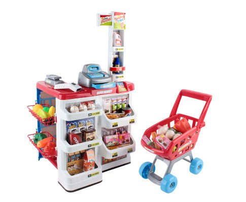 Keezi Kids Pretend Role Play Supermarket 24 Piece Playset Cash Register Trolley